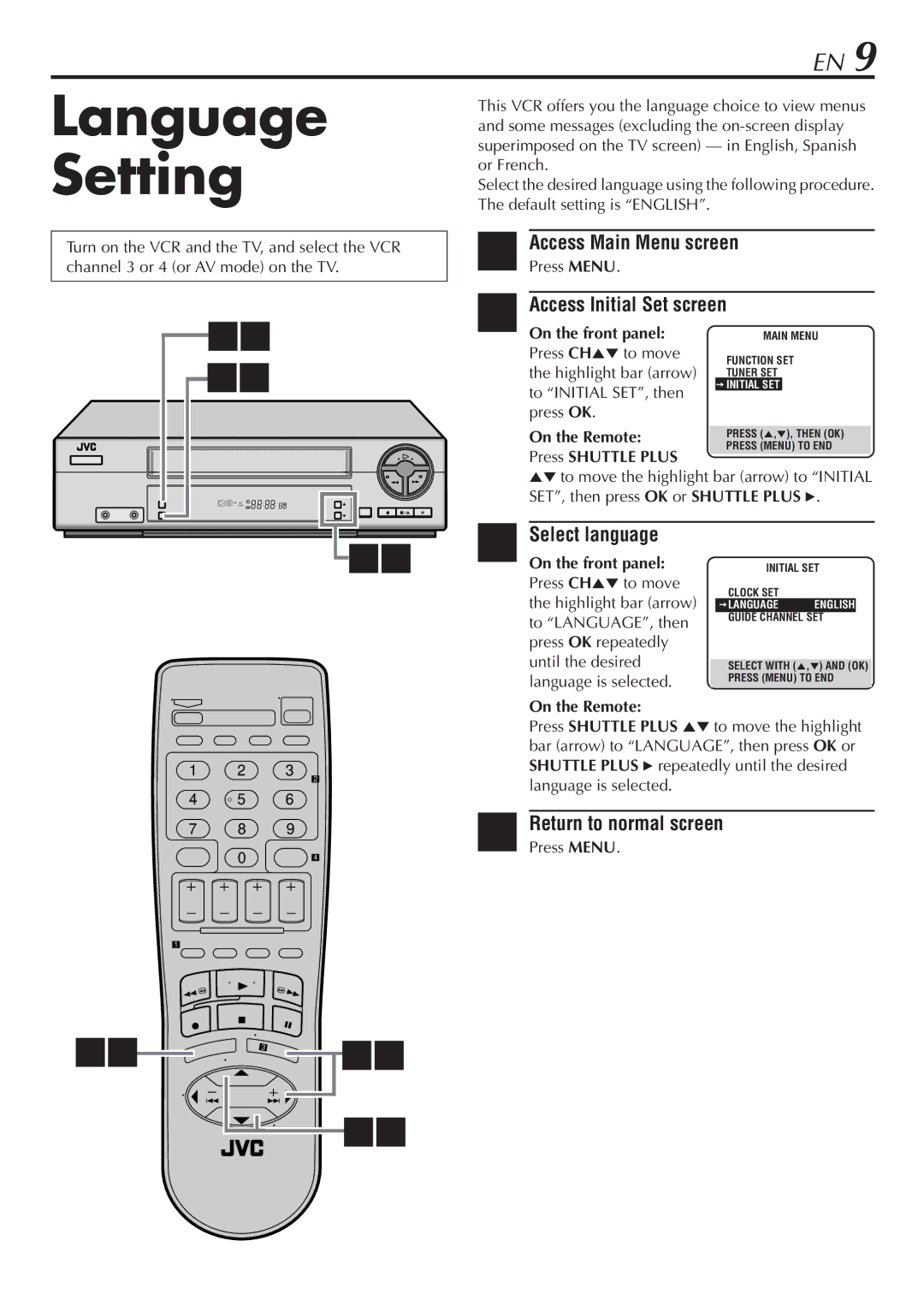 JVC HR-VP48U manual Language Setting, Access Main Menu screen, Access Initial Set screen, Select language 