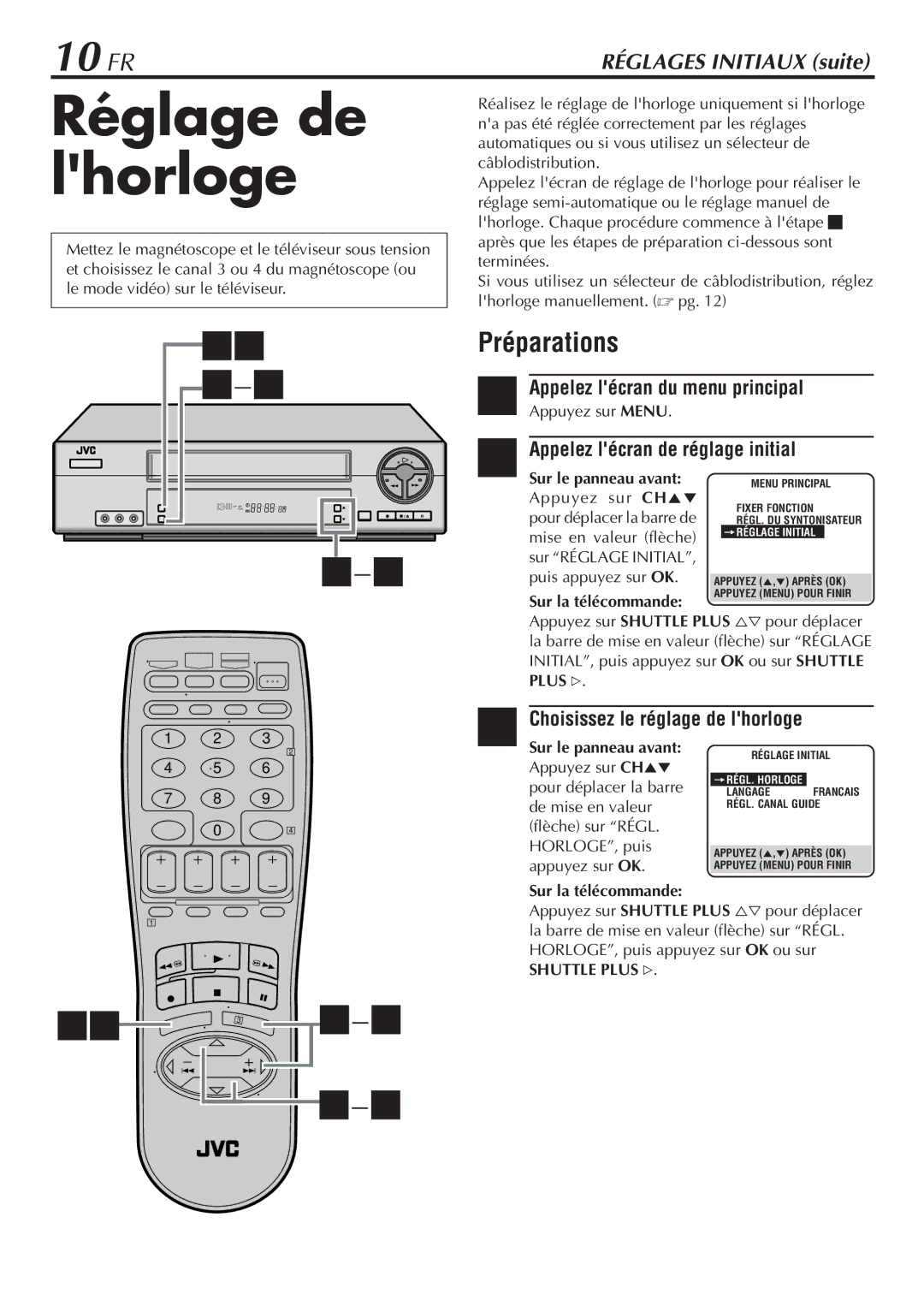 JVC HR-VP58U manual Réglage de lhorloge, 10 FR, Préparations 