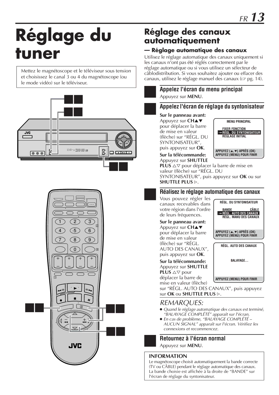 JVC HR-VP58U Réglage du tuner, Réglage automatique des canaux, Appelez lécran de réglage du syntonisateur, Plus %Þ pour 