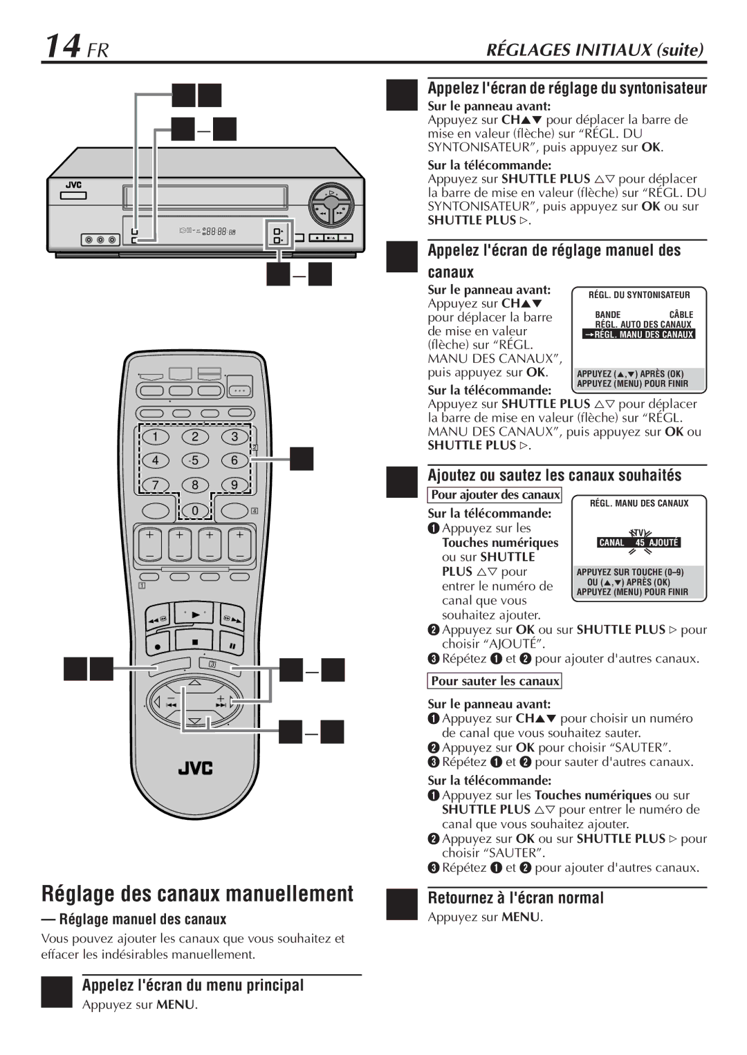 JVC HR-VP58U manual 14 FR, Appelez lécran de réglage manuel des canaux, Ajoutez ou sautez les canaux souhaités 