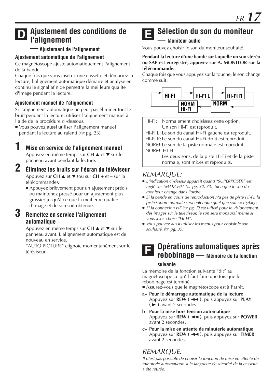 JVC HR-VP58U manual Sélection du son du moniteur, Opérations automatiques après, Mise en service de lalignement manuel 