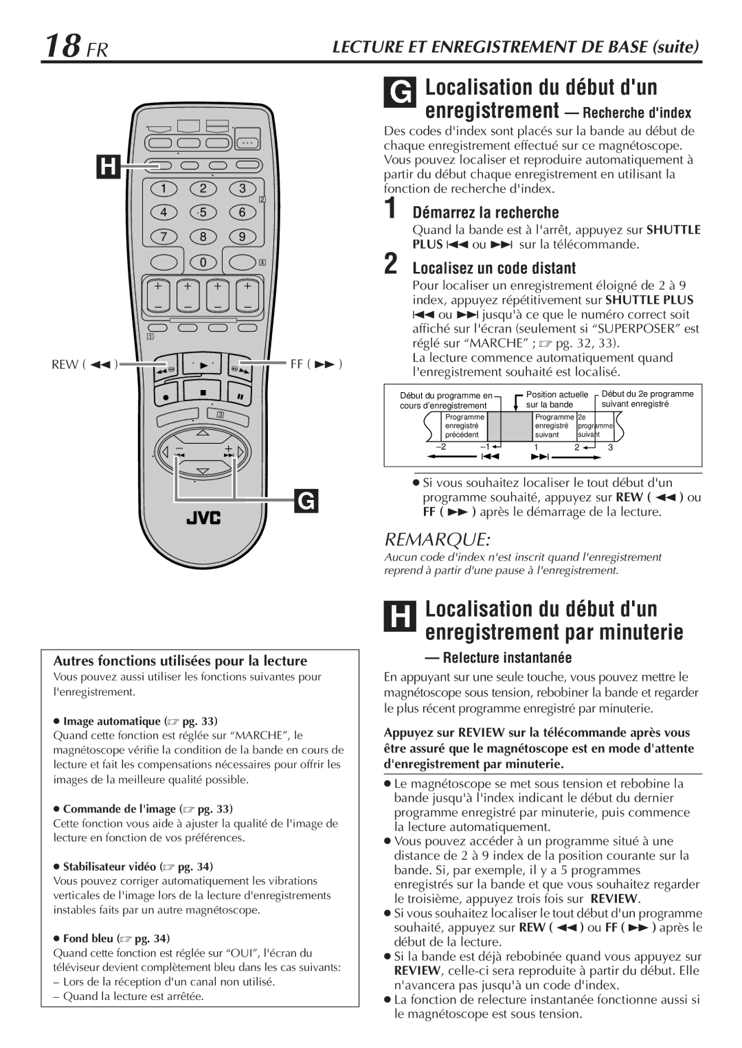 JVC HR-VP58U manual 18 FR, Démarrez la recherche, Localisez un code distant, Autres fonctions utilisées pour la lecture 