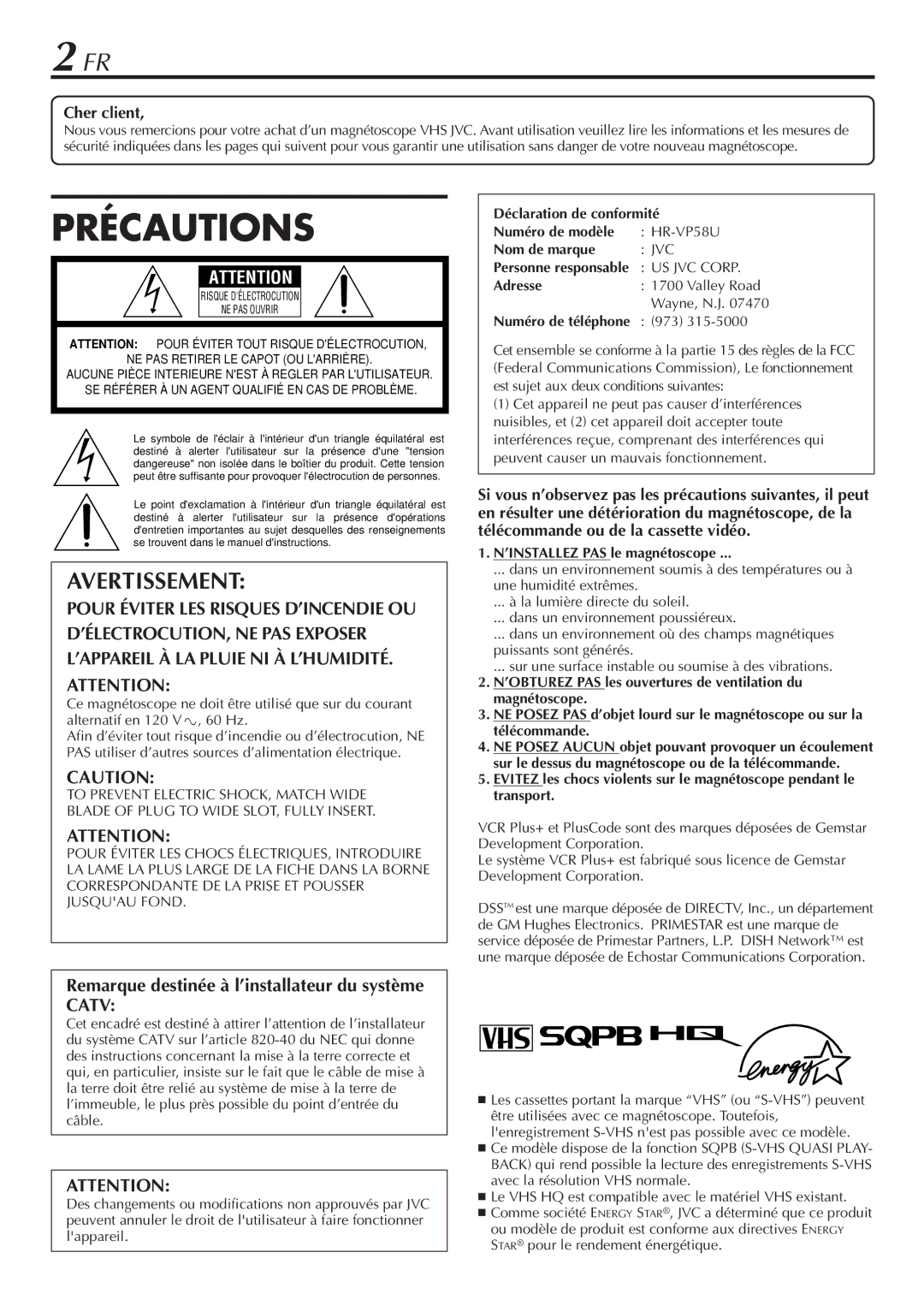 JVC HR-VP58U manual Remarque destinée à l’installateur du système Catv, Cher client 