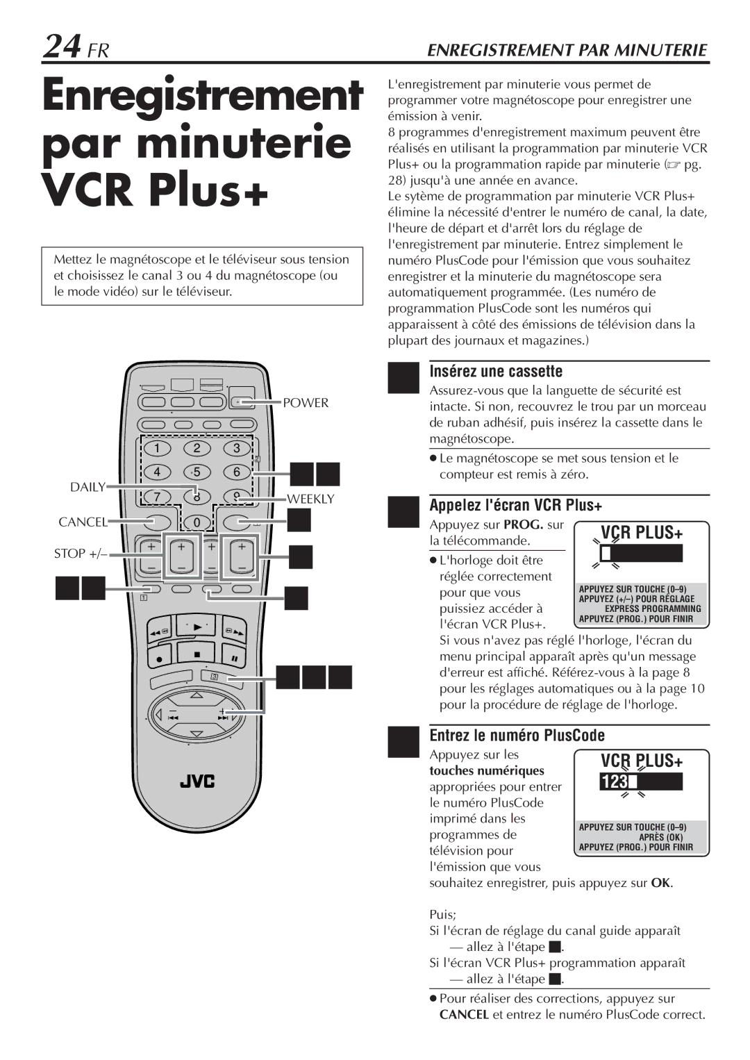 JVC HR-VP58U manual Enregistrement par minuterie VCR Plus+, 24 FR, Entrez le numéro PlusCode 