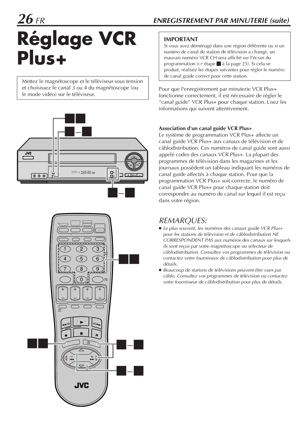 JVC HR-VP58U manual Réglage VCR Plus+, 26 FR, Association dun canal guide VCR Plus+ 
