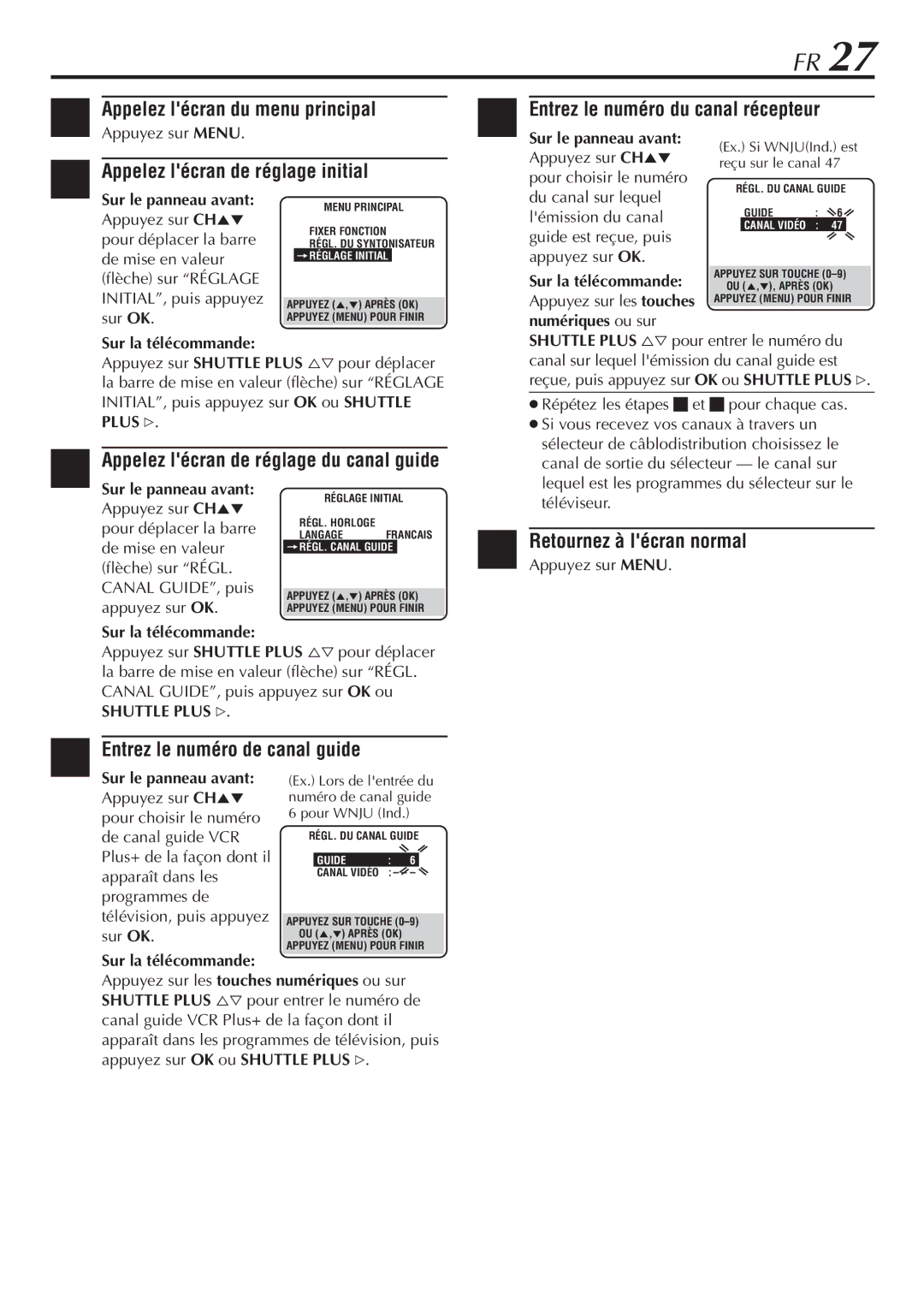 JVC HR-VP58U Entrez le numéro de canal guide, Appelez lécran de réglage du canal guide, Flèche sur Régl Canal GUIDE, puis 