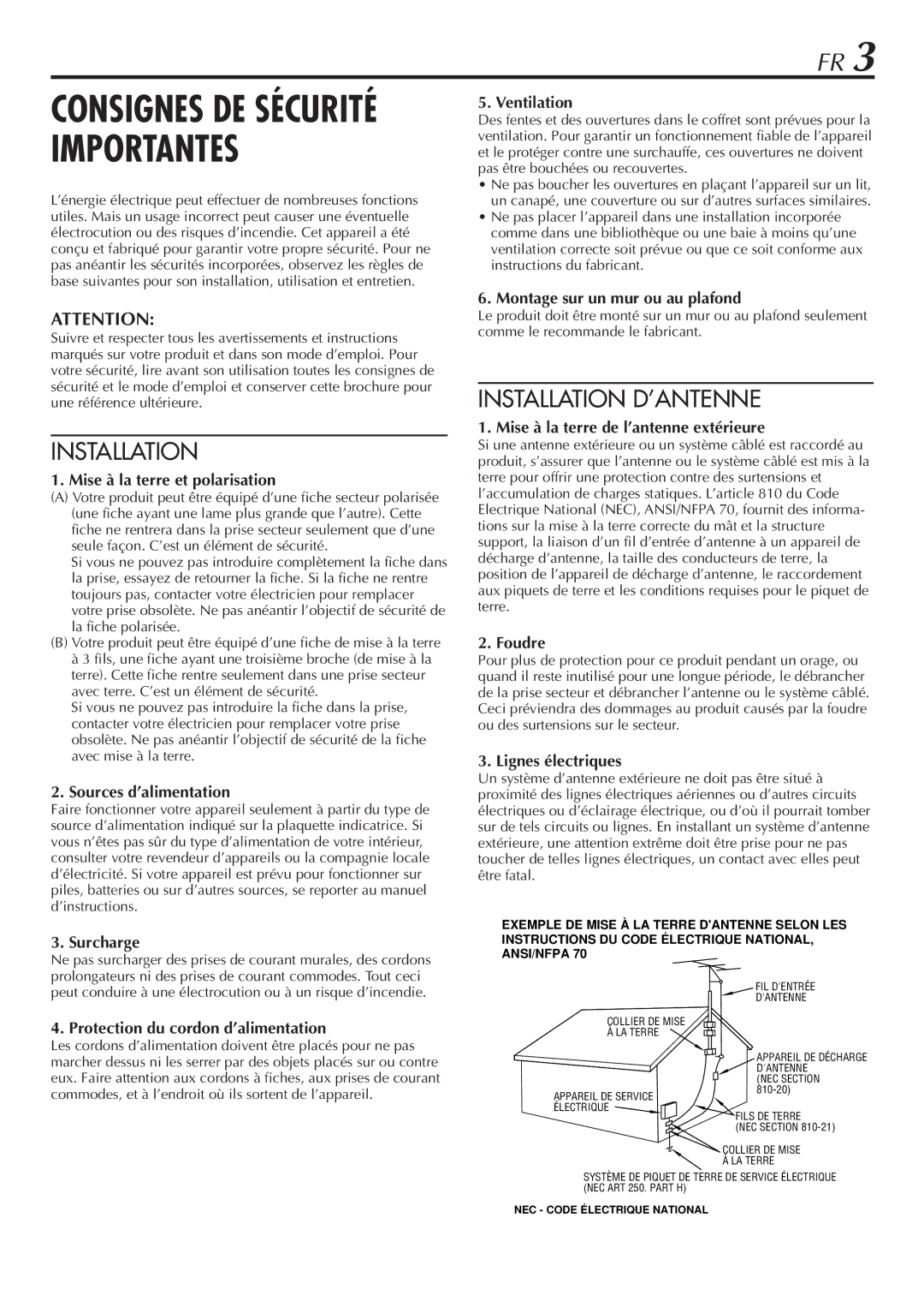 JVC HR-VP58U Mise à la terre et polarisation, Sources d’alimentation, Surcharge, Montage sur un mur ou au plafond, Foudre 