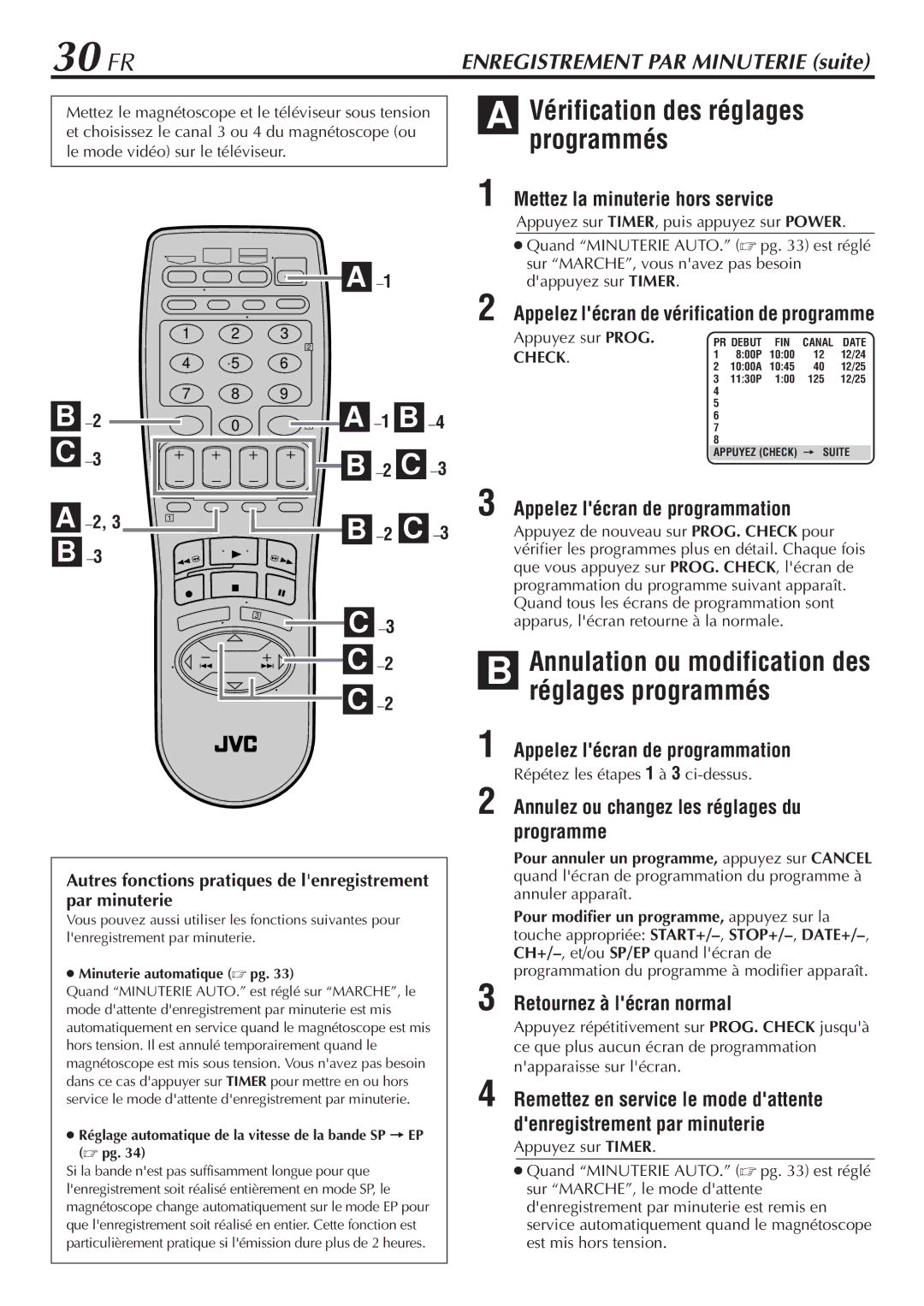 JVC HR-VP58U manual 30 FR, Vérification des réglages programmés, Annulation ou modification des réglages programmés 