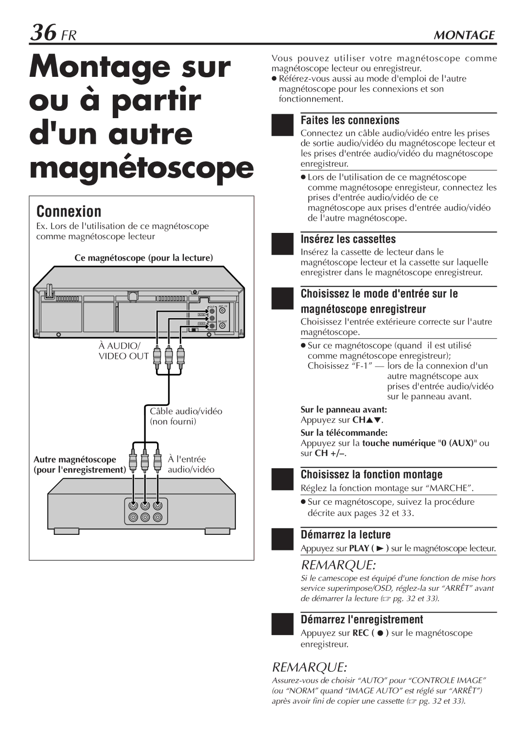 JVC HR-VP58U manual Montage sur, Ou à partir, Dun autre, Magnétoscope, 36 FR 