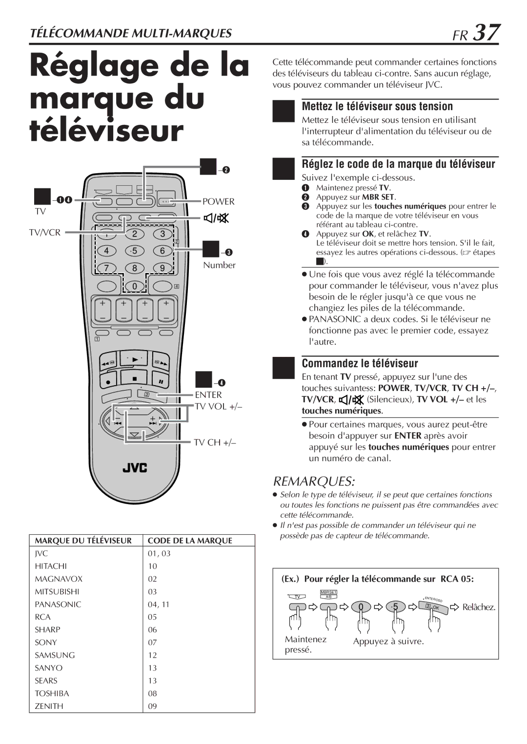 JVC HR-VP58U manual Réglage de la marque du téléviseur, Commandez le téléviseur, Ex. Pour régler la télécommande sur RCA 