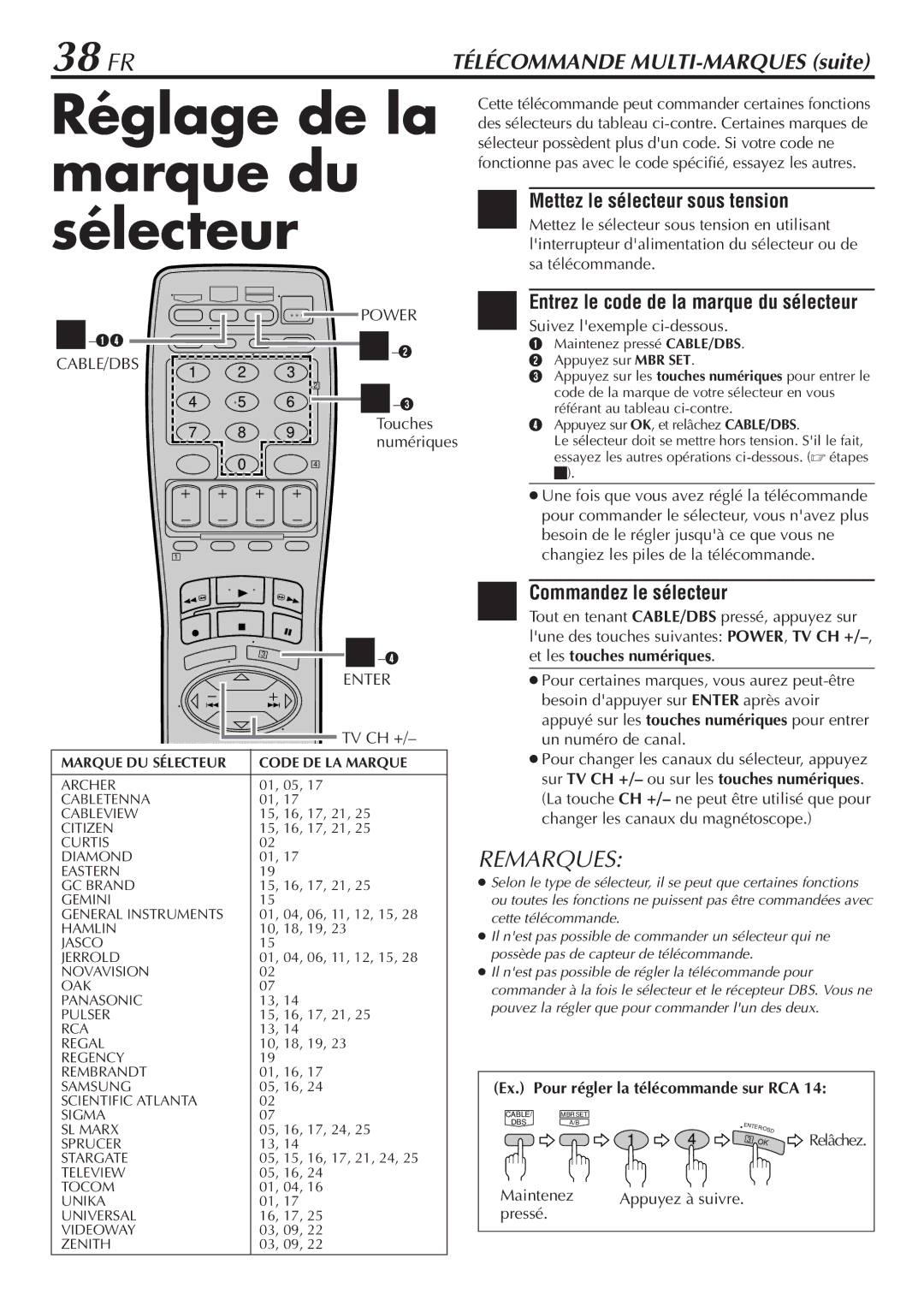 JVC HR-VP58U manual Réglage de la marque du sélecteur, 38 FR, Commandez le sélecteur 