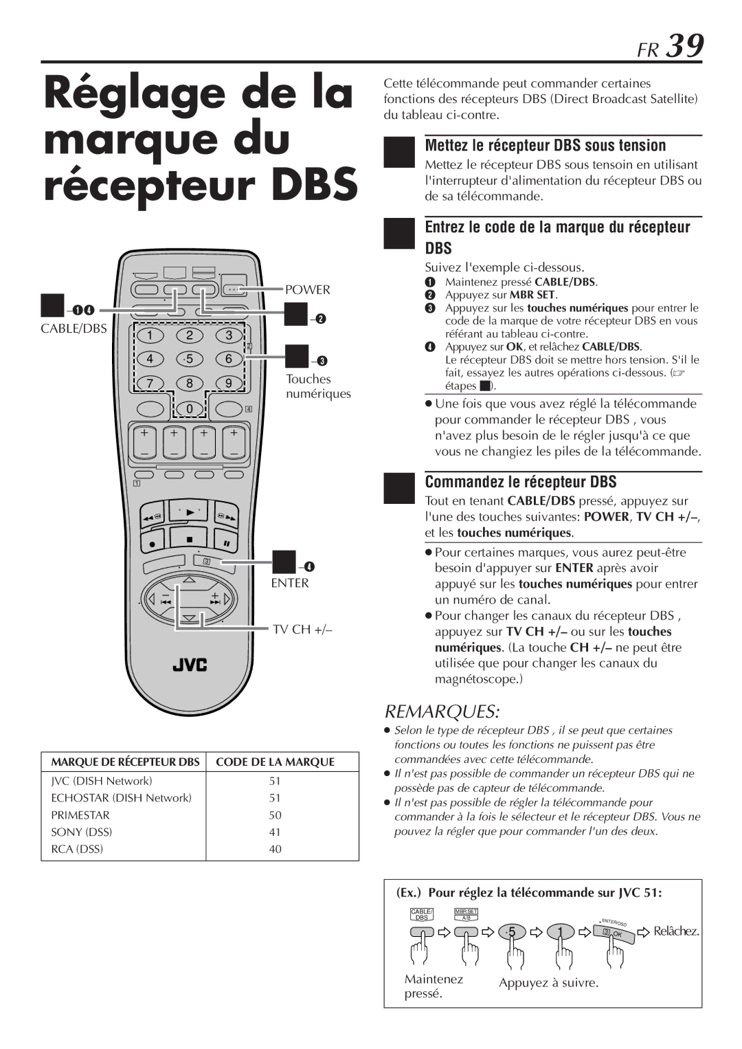 JVC HR-VP58U Réglage de la marque du récepteur DBS, Commandez le récepteur DBS, Ex. Pour réglez la télécommande sur JVC 