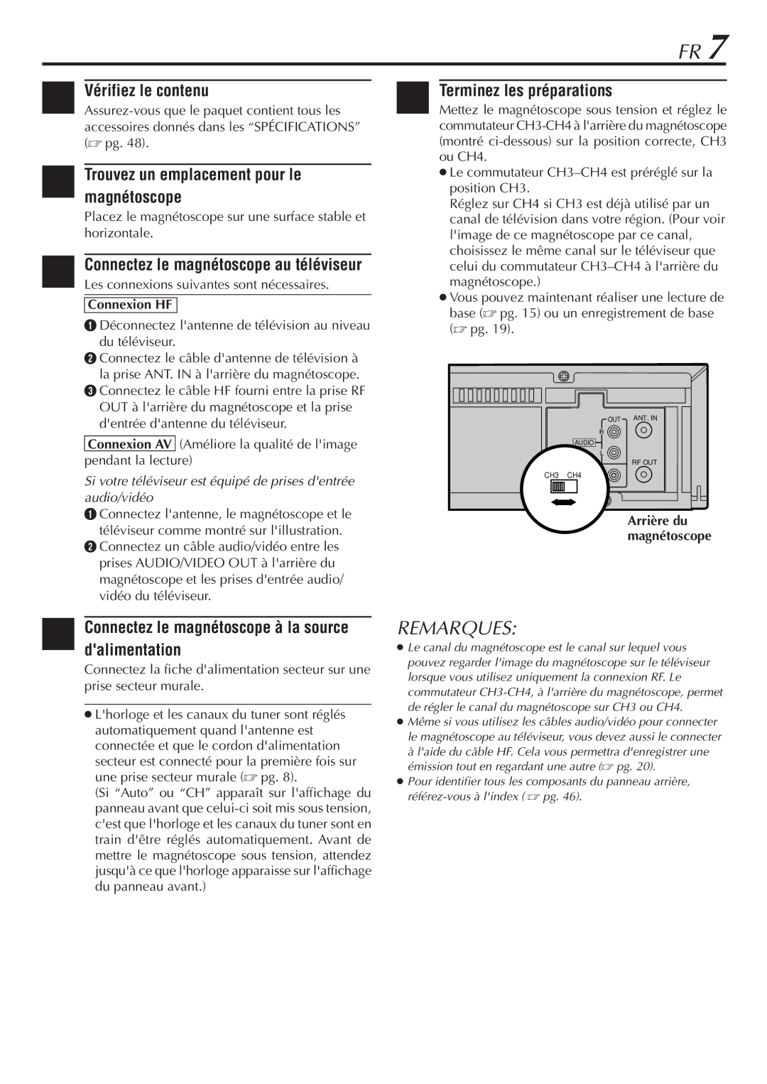 JVC HR-VP58U Vérifiez le contenu Terminez les préparations, Trouvez un emplacement pour le, Magnétoscope, Connexion HF 