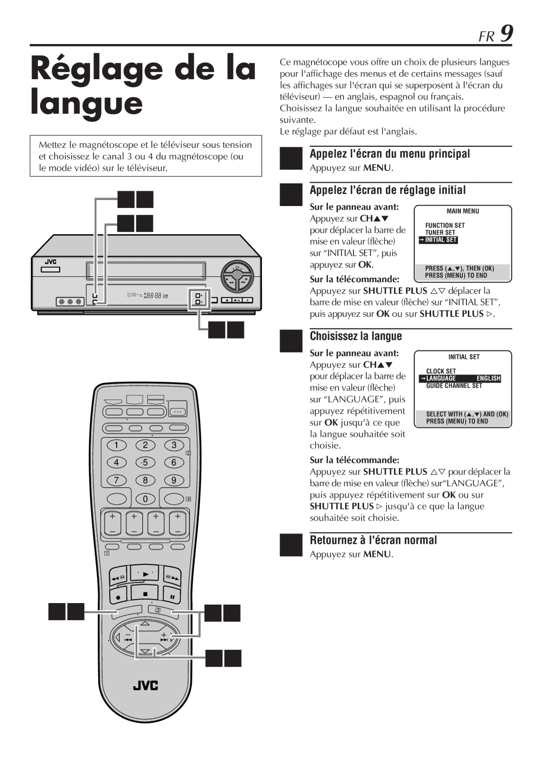 JVC HR-VP58U manual Réglage de la langue, Appelez lécran du menu principal, Appelez lécran de réglage initial 