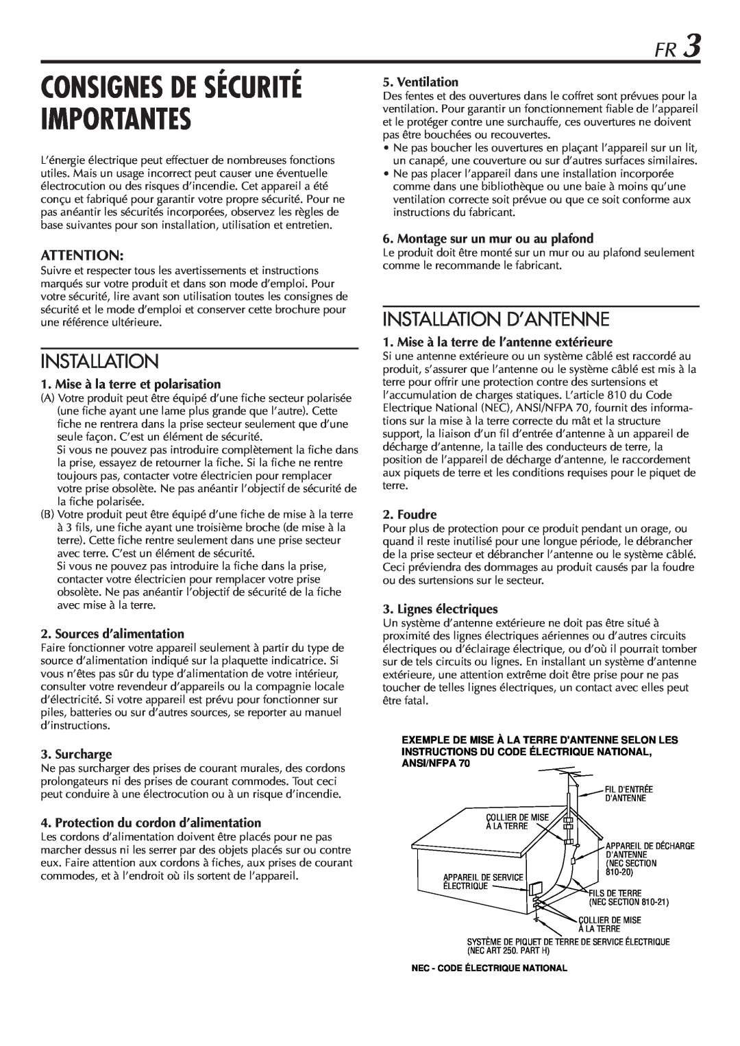 JVC HR-VP58U manual Installation D’Antenne, Consignes De Sécurité Importantes 