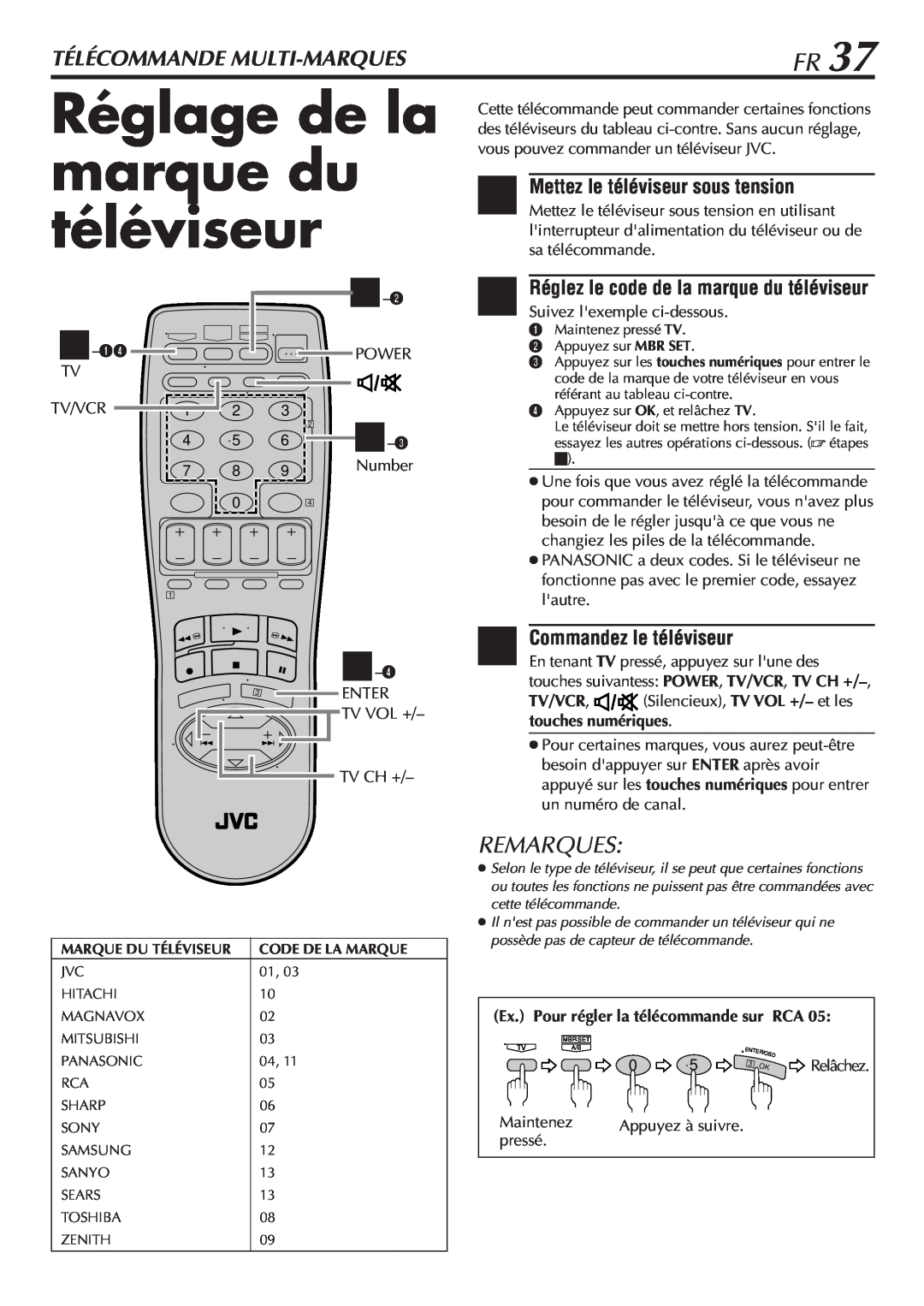 JVC HR-VP58U manual Réglage de la marque du téléviseur, Télécommande Multi-Marques, Commandez le téléviseur, Remarques 