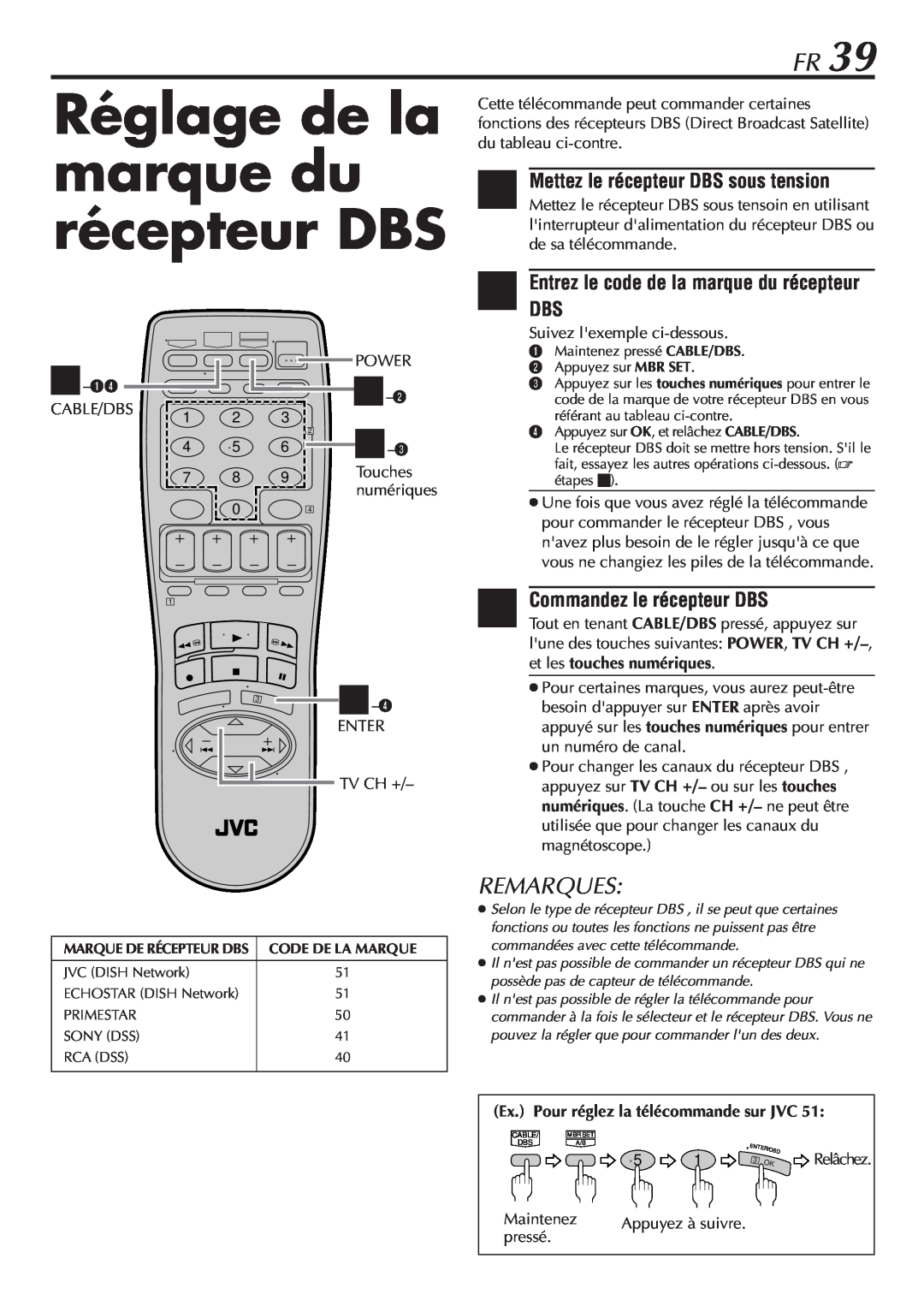 JVC HR-VP58U manual Réglage de la marque du récepteur DBS, Commandez le récepteur DBS, Remarques 
