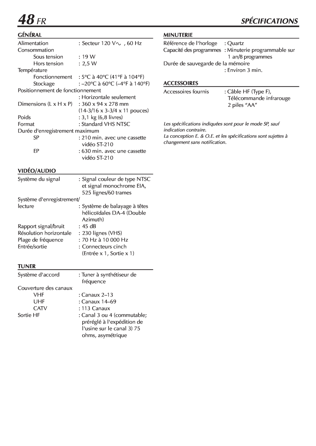 JVC HR-VP58U manual 48 FR, Spécifications 