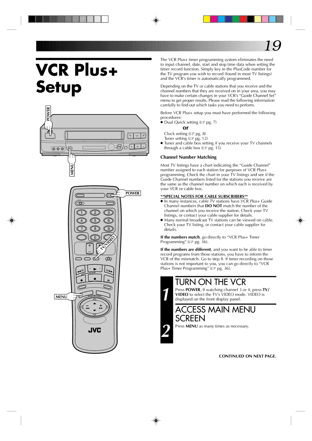 JVC HR-VP634U manual VCR Plus+ Setup, Access Main Menu Screen 