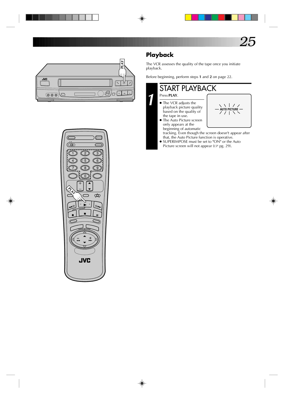 JVC HR-VP634U manual Press Play VCR adjusts Playback picture quality, That, the Auto Picture function is operative 