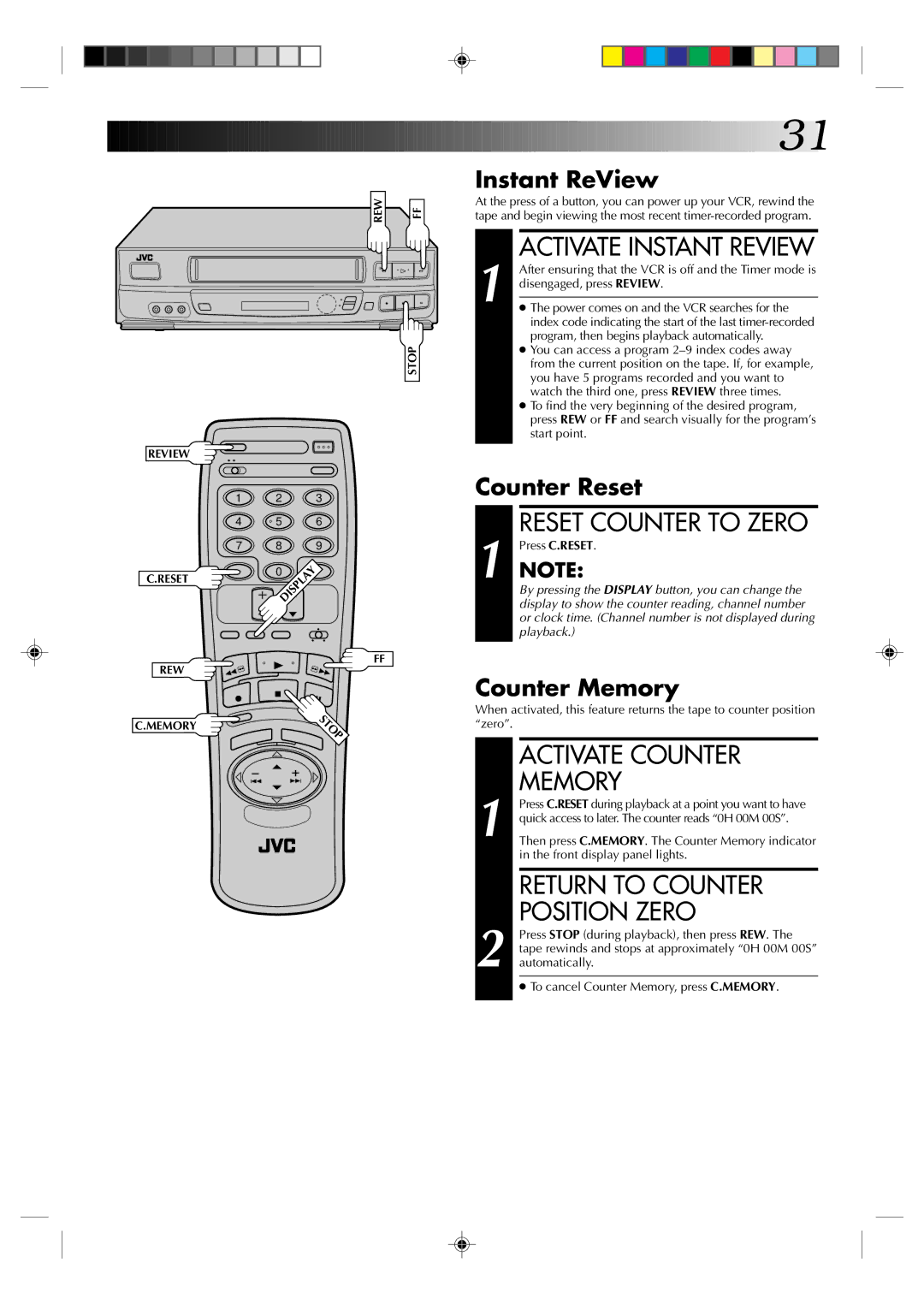 JVC HR-VP634U Activate Instant Review, Reset Counter to Zero, Activate Counter, Memory, Return to Counter Position Zero 