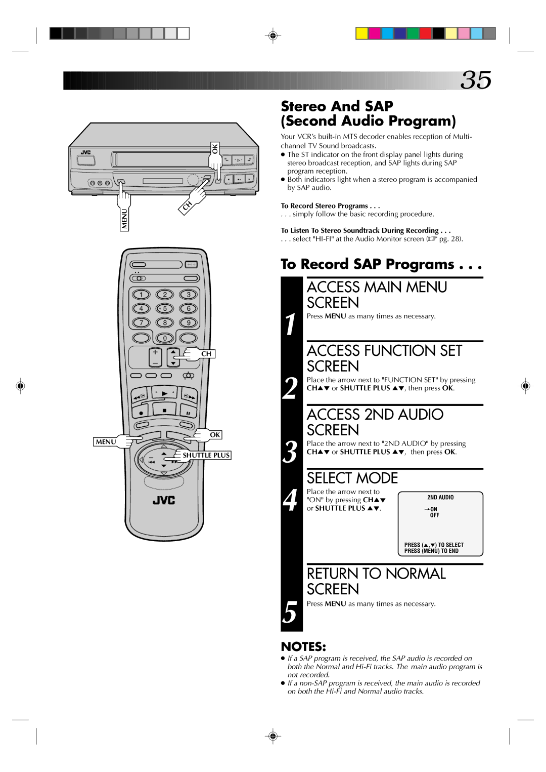 JVC HR-VP634U Access 2ND Audio, Stereo And SAP Second Audio Program, To Record SAP Programs, To Record Stereo Programs 