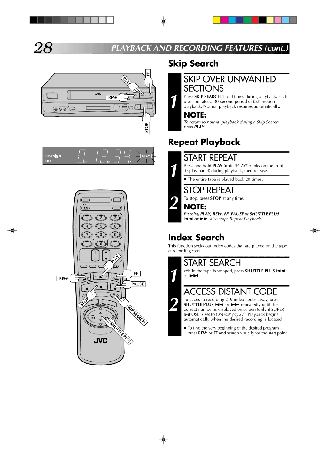 JVC HR-VP636U manual Skip Over Unwanted Sections, Start Repeat, Stop Repeat, Start Search, Access Distant Code 