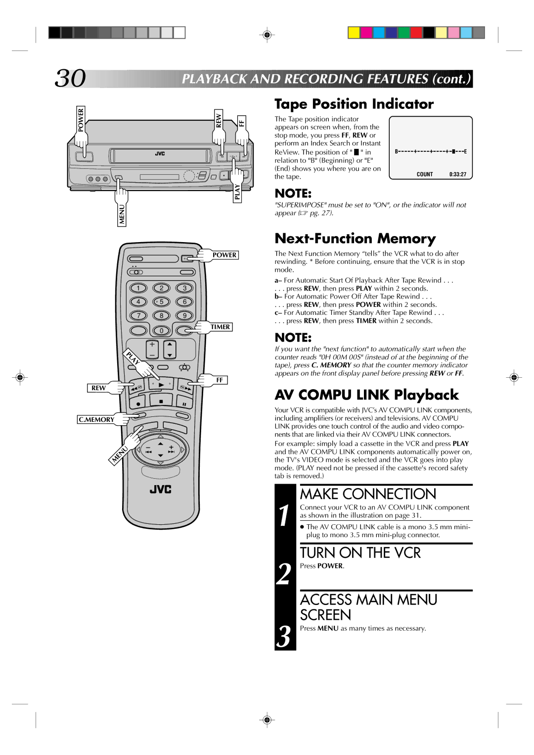 JVC HR-VP636U manual Make Connection, Tape Position Indicator, Next-Function Memory, AV Compu Link Playback 