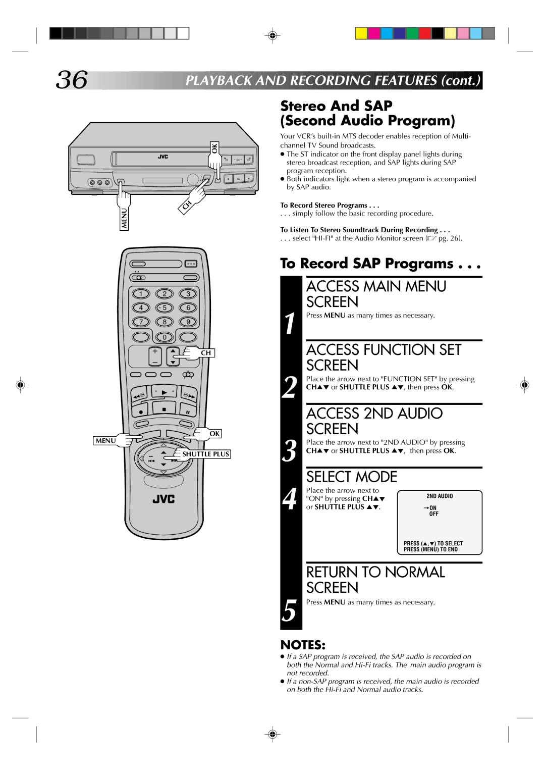 JVC HR-VP636U Access 2ND Audio, Stereo And SAP Second Audio Program, To Record SAP Programs, To Record Stereo Programs 