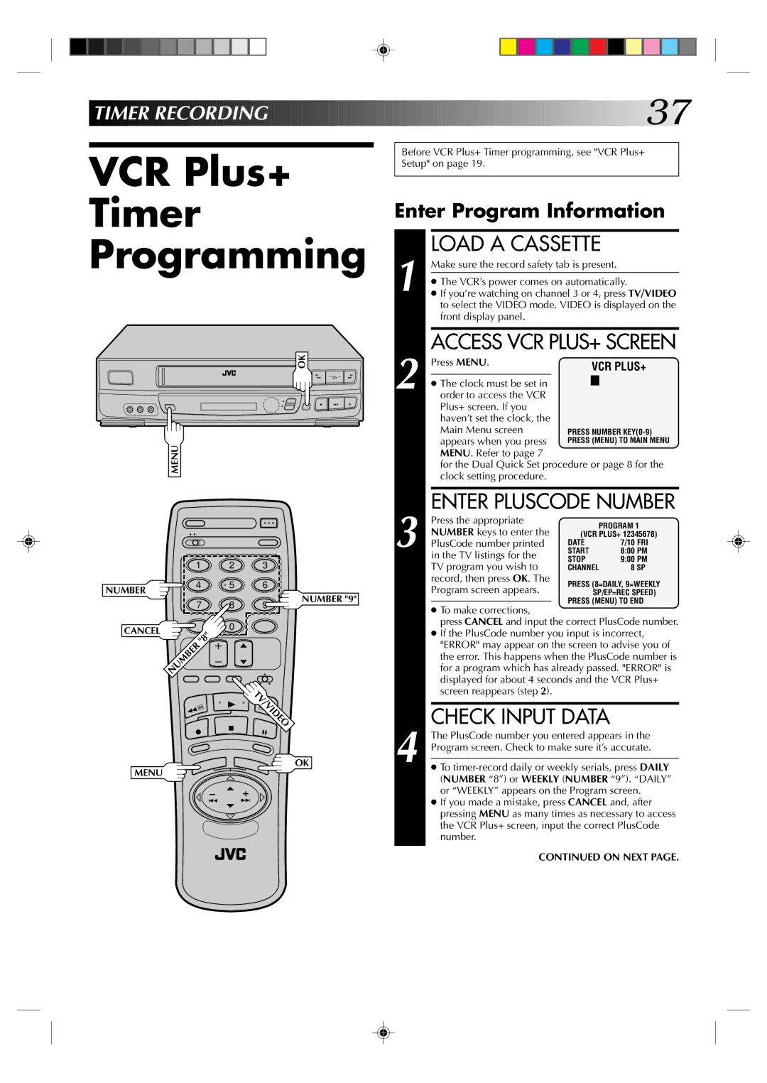 JVC HR-VP636U manual VCR Plus+ Timer Programming, Check Input Data, Timer Recording, Enter Program Information 