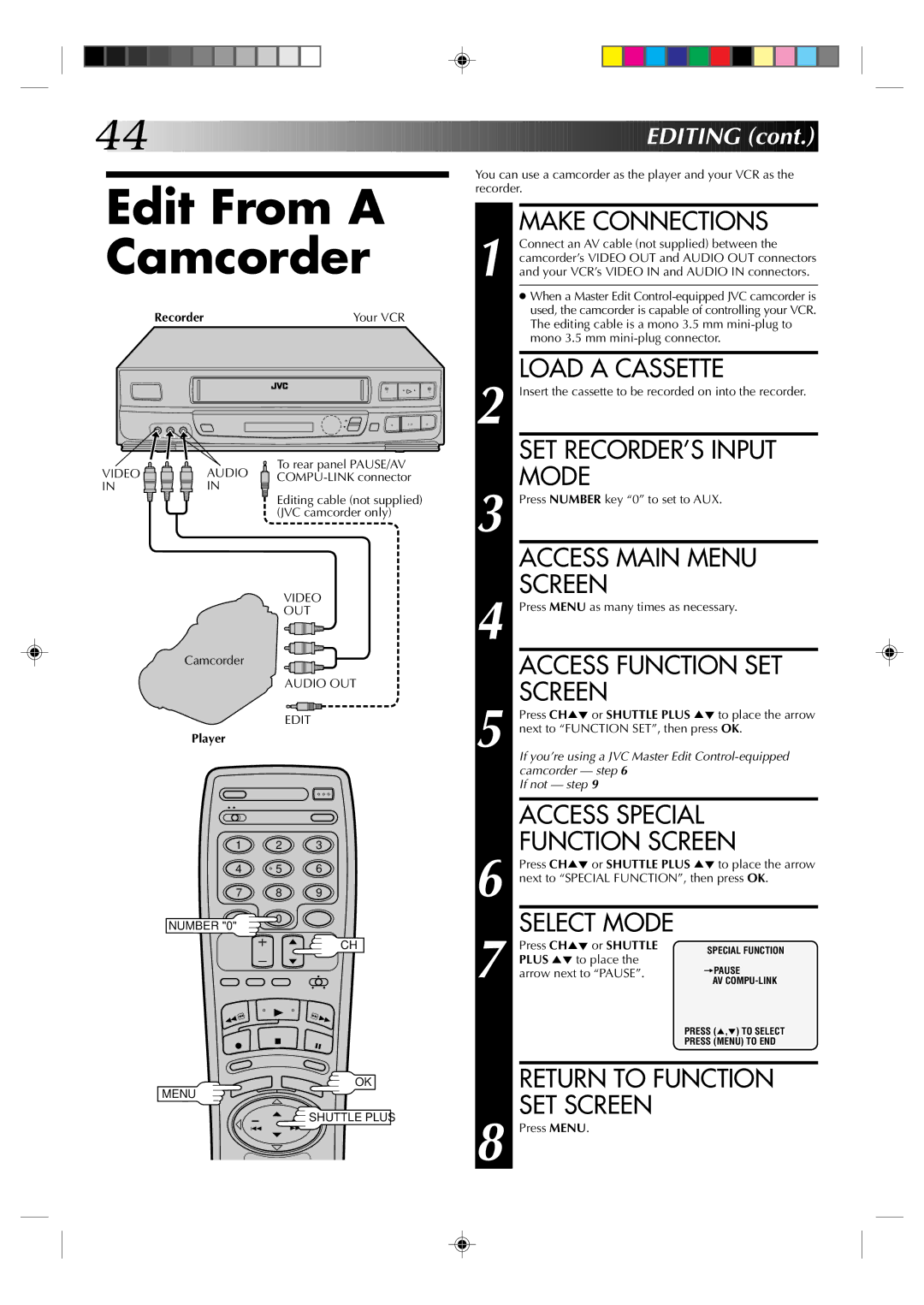 JVC HR-VP636U manual Edit From a Camcorder 