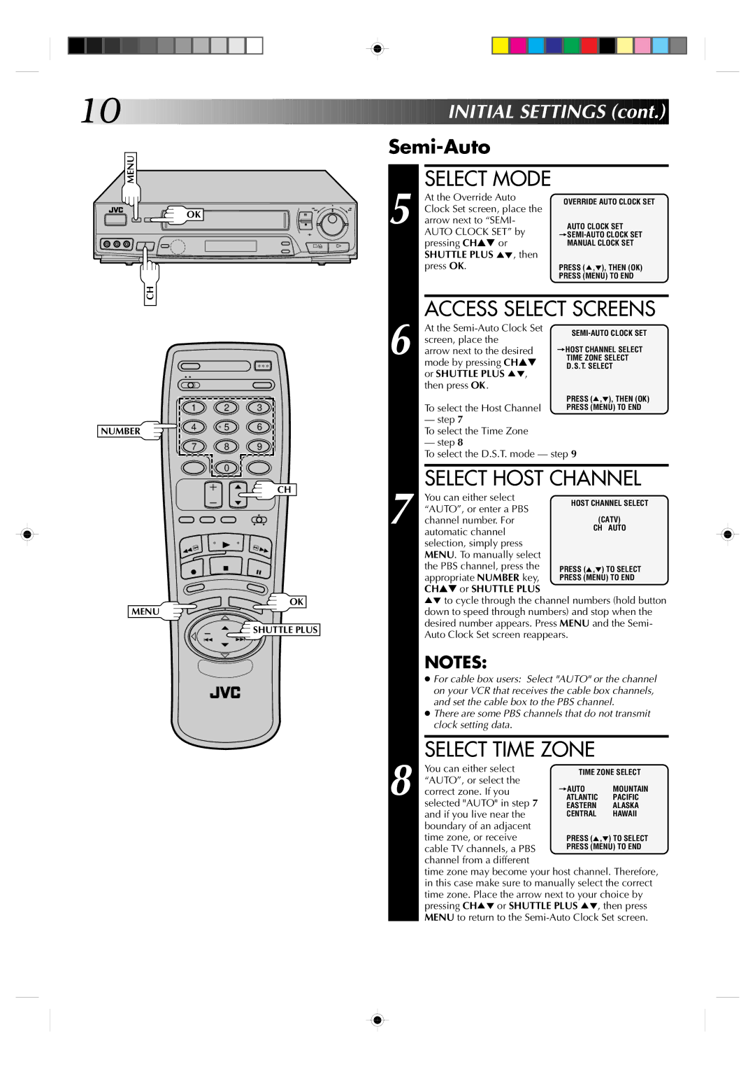 JVC HR-VP638U manual Select Host Channel, Select Time Zone, Semi-Auto, Or Shuttle Plus 