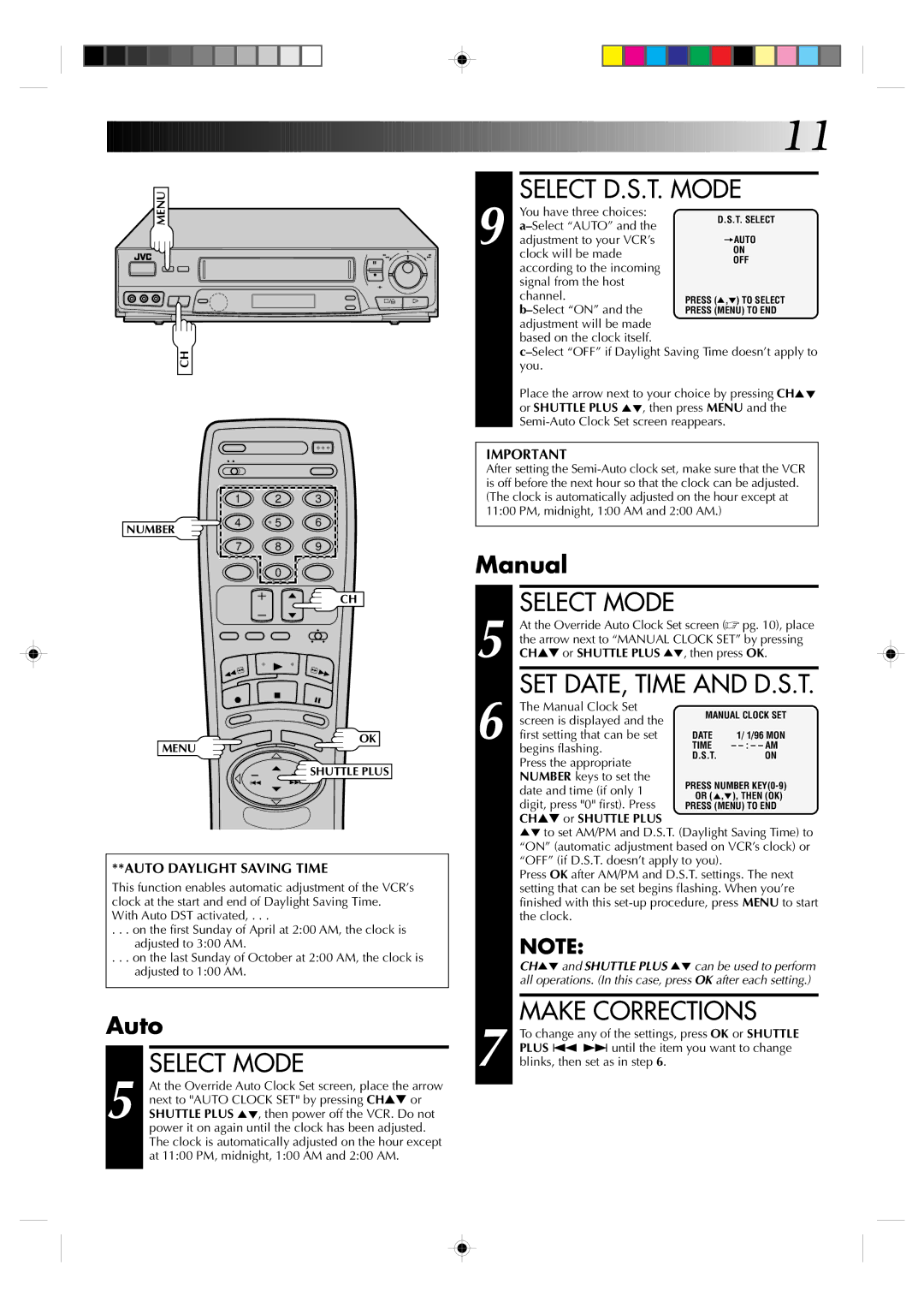 JVC HR-VP638U manual Select D.S.T. Mode, Select Mode, Make Corrections, Auto, Manual 