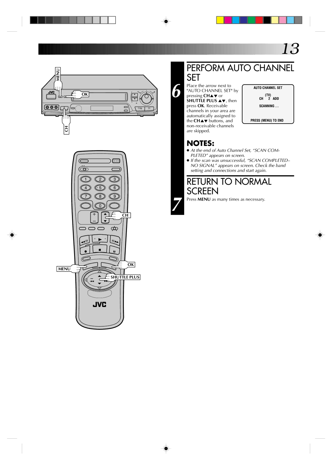 JVC HR-VP638U manual Perform Auto Channel SET, Return to Normal Screen 