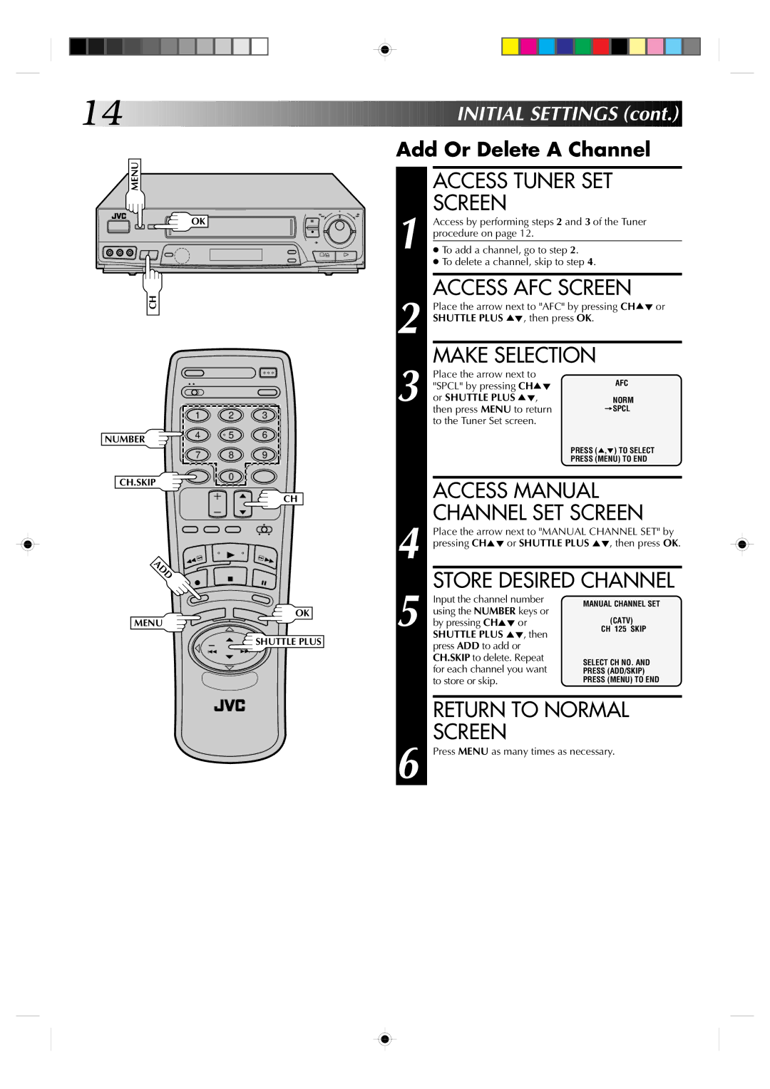 JVC HR-VP638U manual Access AFC Screen, Make Selection, Access Manual Channel SET Screen, Return to Normal 