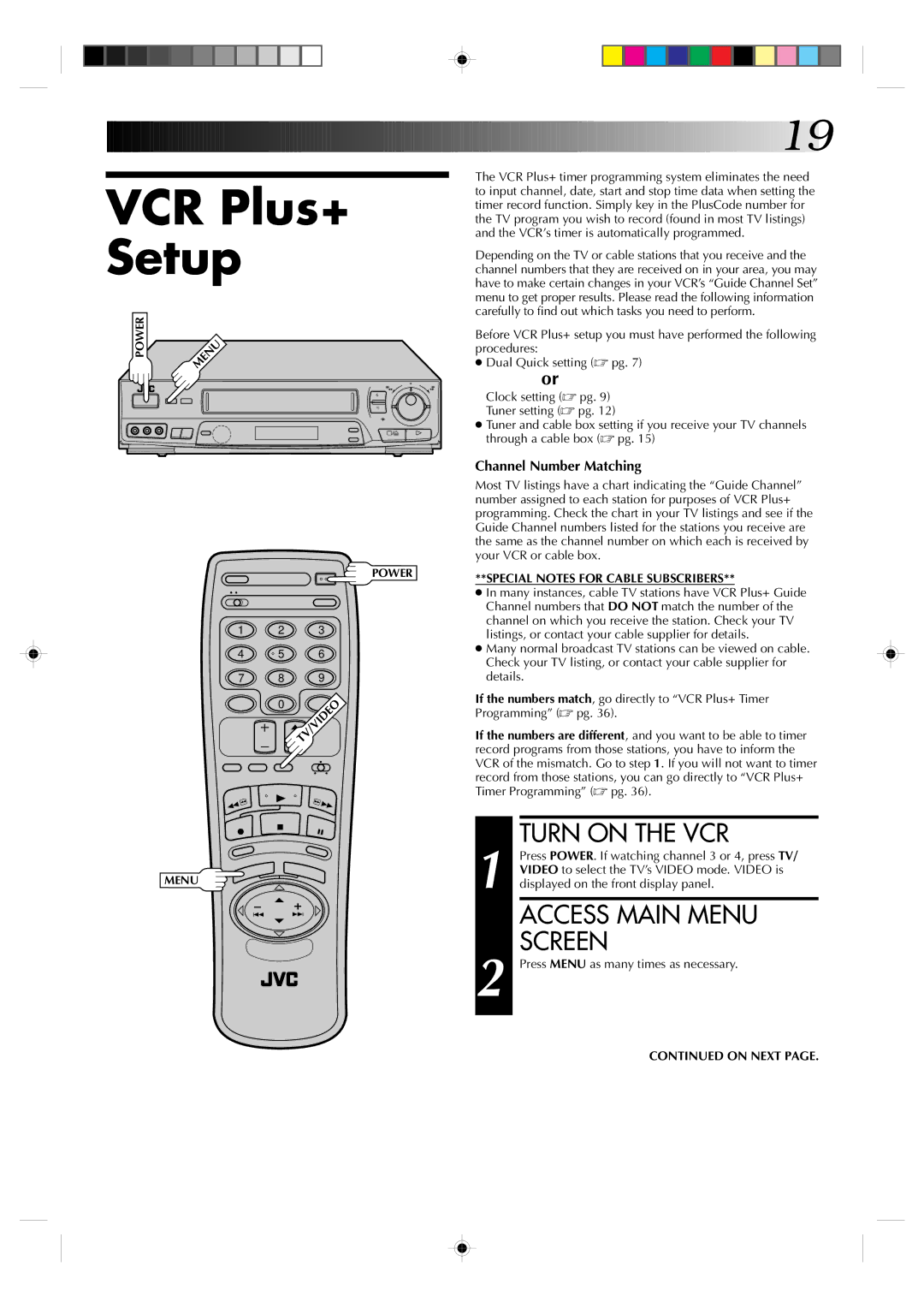 JVC HR-VP638U manual VCR Plus+ Setup, Access Main Menu Screen 