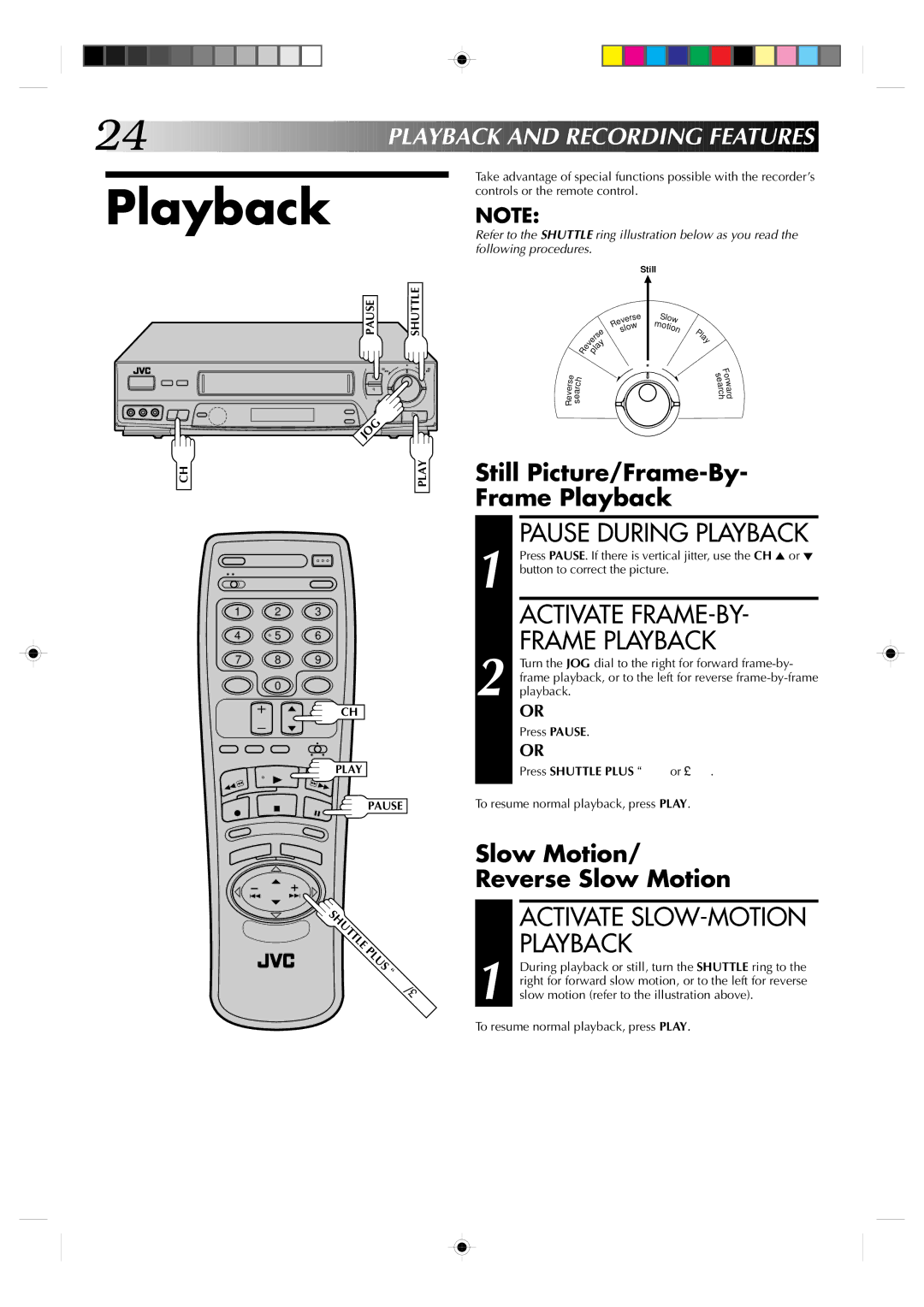 JVC HR-VP638U manual Pause During Playback, Activate FRAME-BY Frame Playback, Still Picture/Frame-By- Frame Playback 