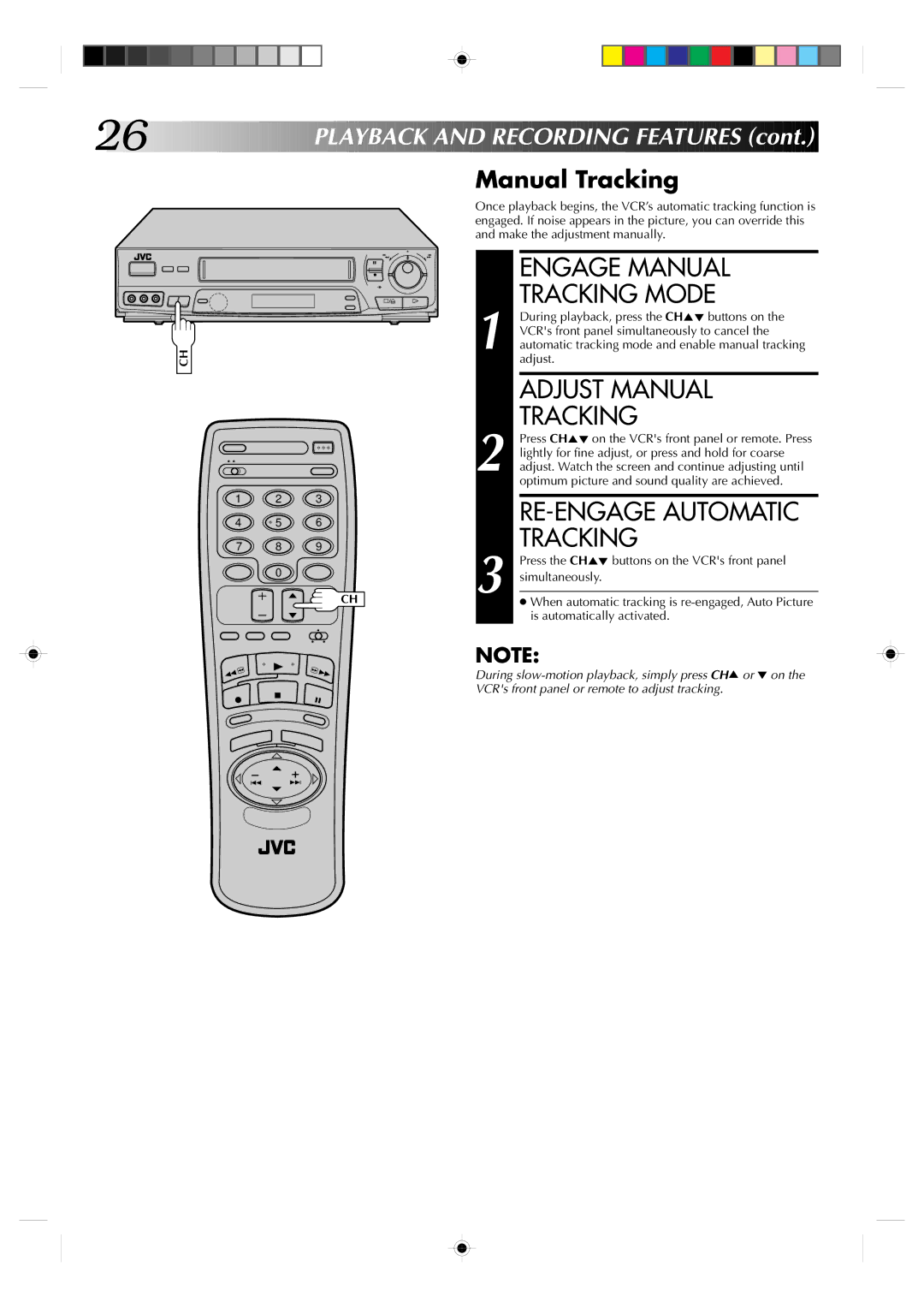 JVC HR-VP638U manual Engage Manual Tracking Mode, Adjust Manual Tracking, RE-ENGAGE Automatic Tracking 