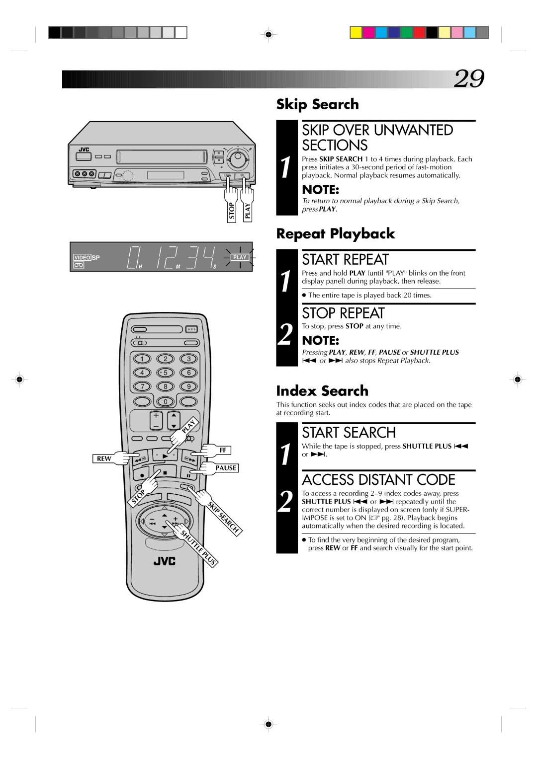 JVC HR-VP638U manual Skip Over Unwanted Sections, Start Repeat, Stop Repeat, Start Search, Access Distant Code 