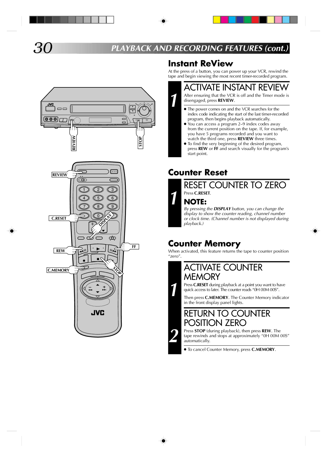 JVC HR-VP638U Activate Instant Review, Reset Counter to Zero, Activate Counter, Memory, Return to Counter Position Zero 