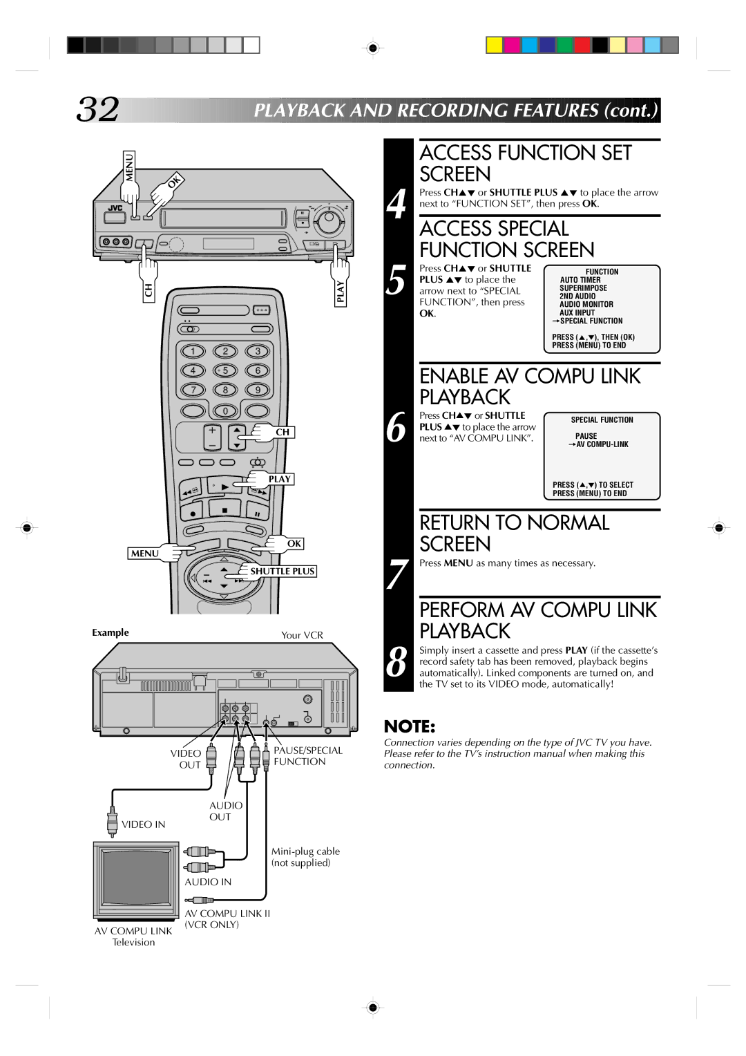 JVC HR-VP638U manual Example, Press CH5 or Shuttle Plus 5 to place the arrow, Next to Function SET, then press OK 