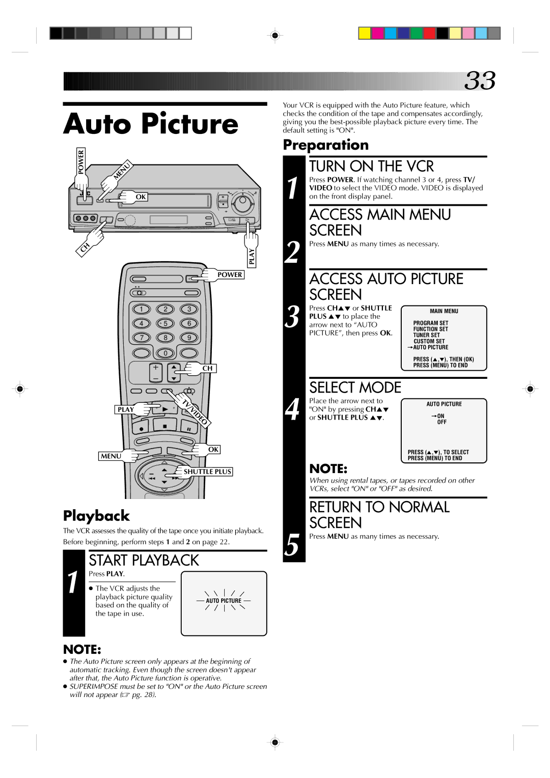 JVC HR-VP638U manual Auto Picture, Playback 