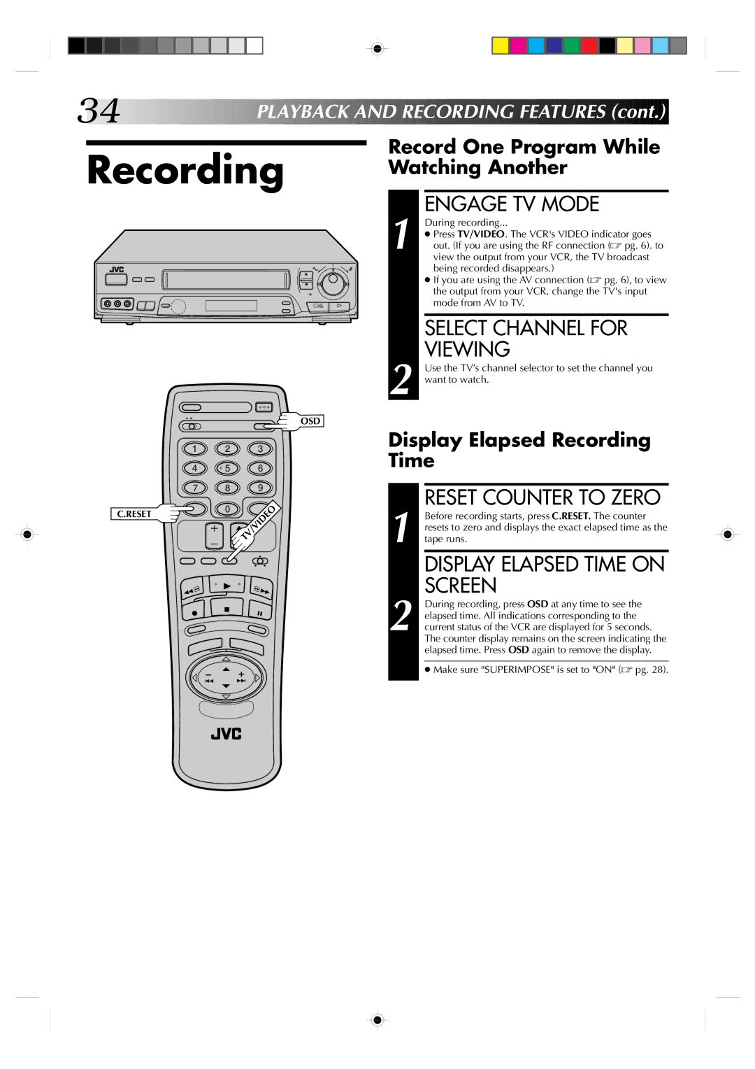 JVC HR-VP638U manual Recording, Engage TV Mode, Select Channel for Viewing, Display Elapsed Time on Screen 