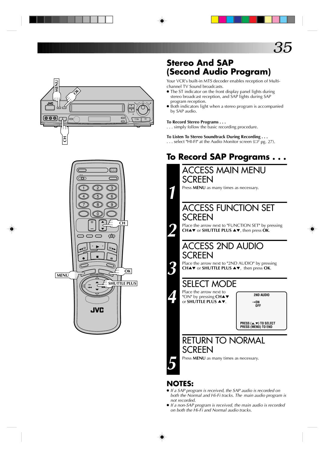 JVC HR-VP638U Access 2ND Audio, Stereo And SAP Second Audio Program, To Record SAP Programs, To Record Stereo Programs 