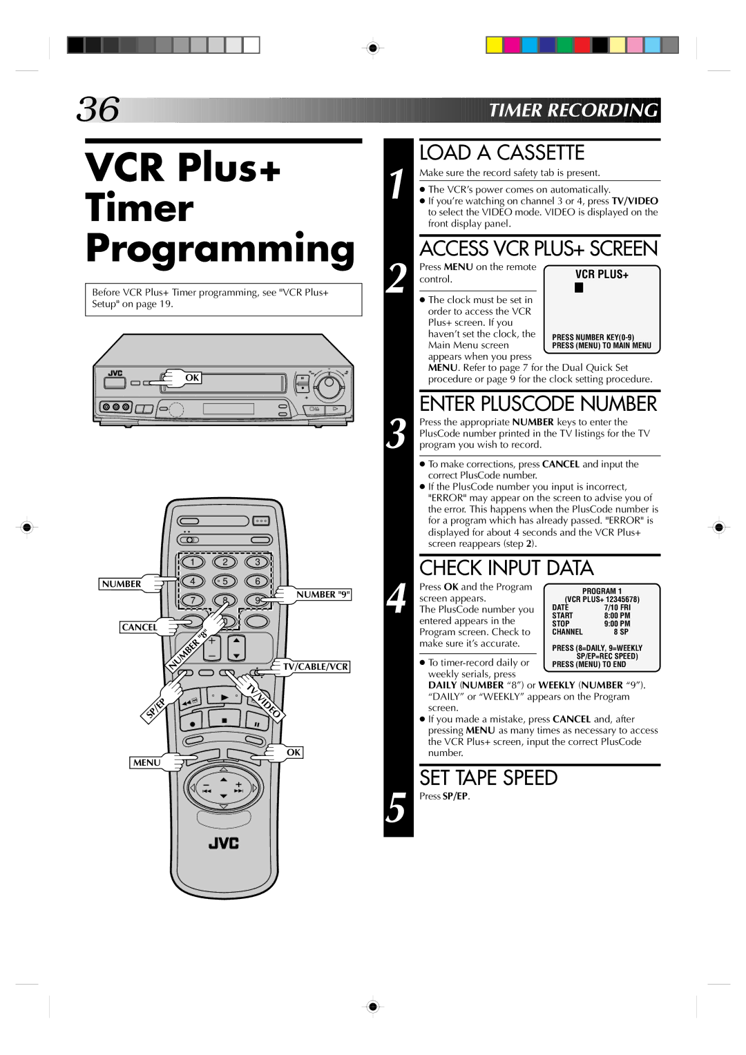 JVC HR-VP638U manual VCR Plus+ Timer Programming, Access VCR PLUS+ Screen, Enter Pluscode Number, Check Input Data 