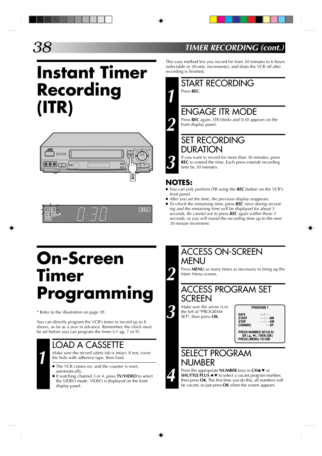 JVC HR-VP638U manual Instant Timer Recording ITR, On-Screen Timer Programming 