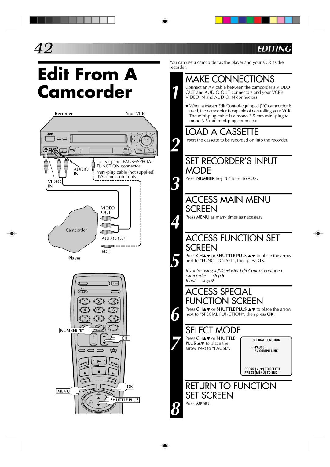 JVC HR-VP638U manual Edit From a Camcorder 