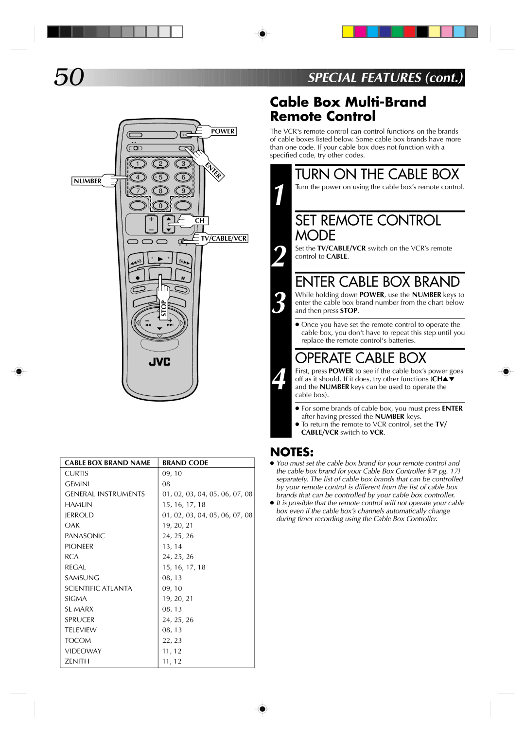 JVC HR-VP638U manual Turn on the Cable BOX, Enter Cable BOX Brand, Operate Cable BOX, Cable Box Multi-Brand Remote Control 