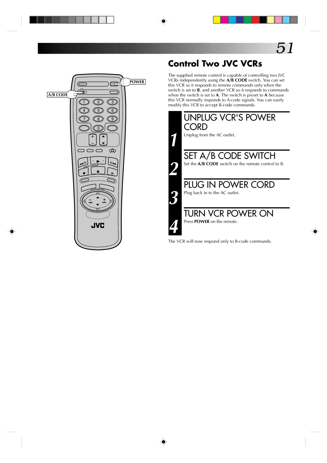 JVC HR-VP638U manual Unplug Vcrs Power, SET A/B Code Switch, Plug in Power Cord, Turn VCR Power on 