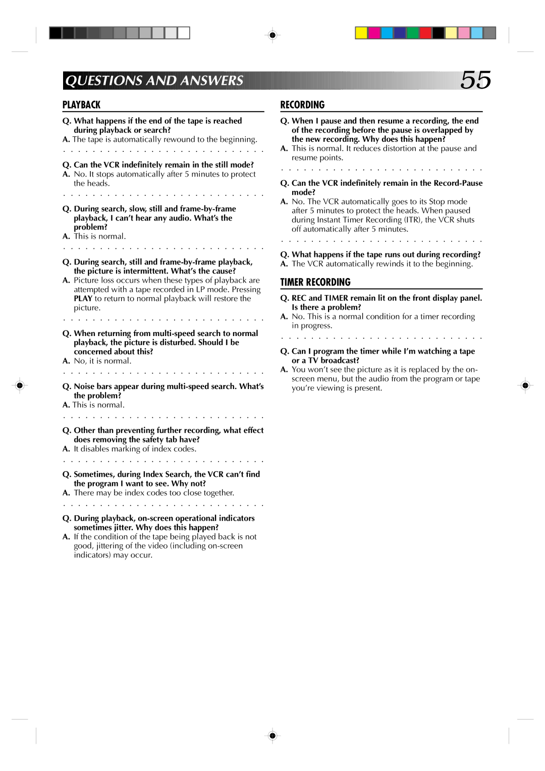 JVC HR-VP638U manual Questions and Answer S 